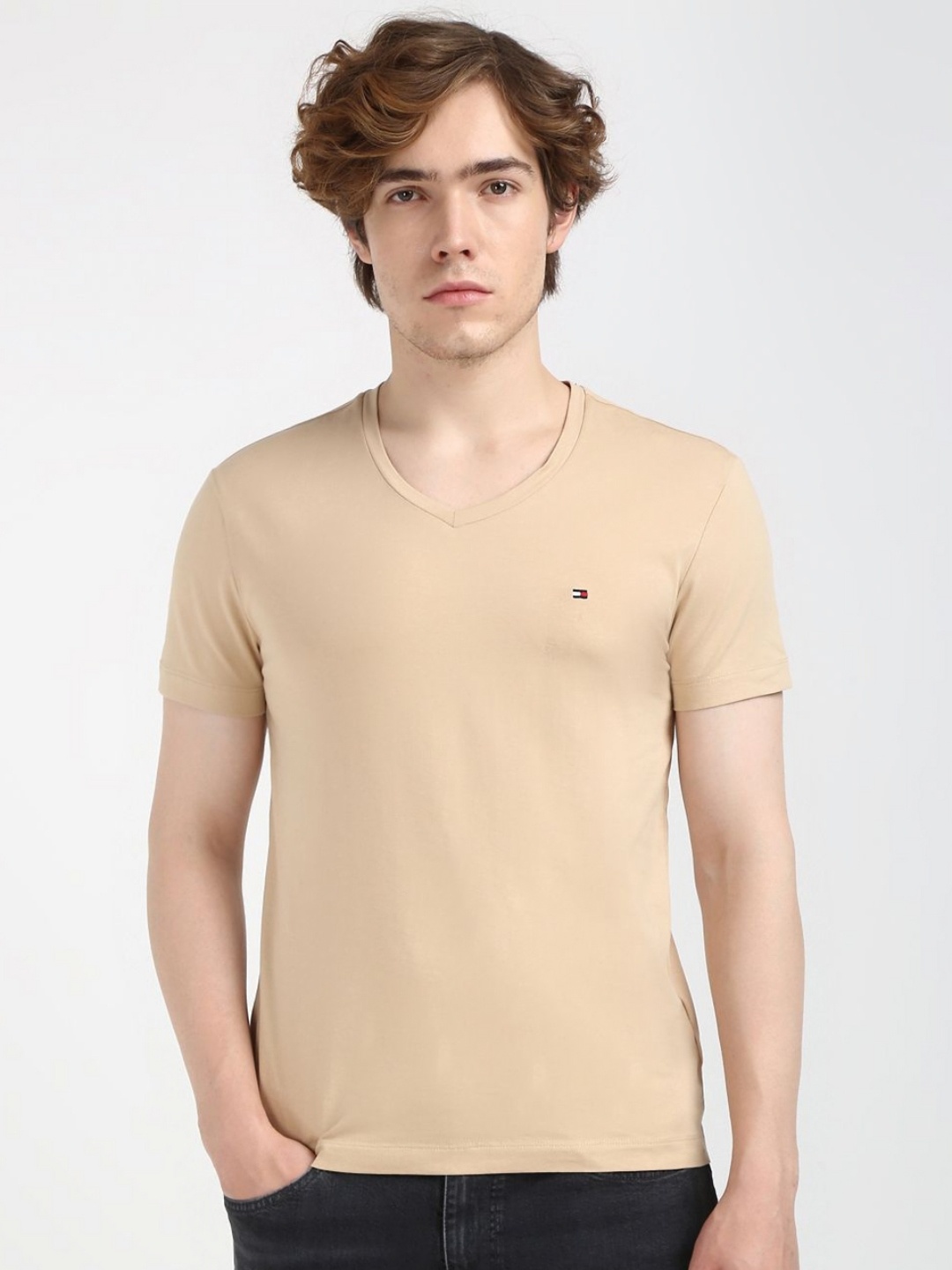 

Tommy Hilfiger Men Solid V-Neck Cotton T-shirt, Beige
