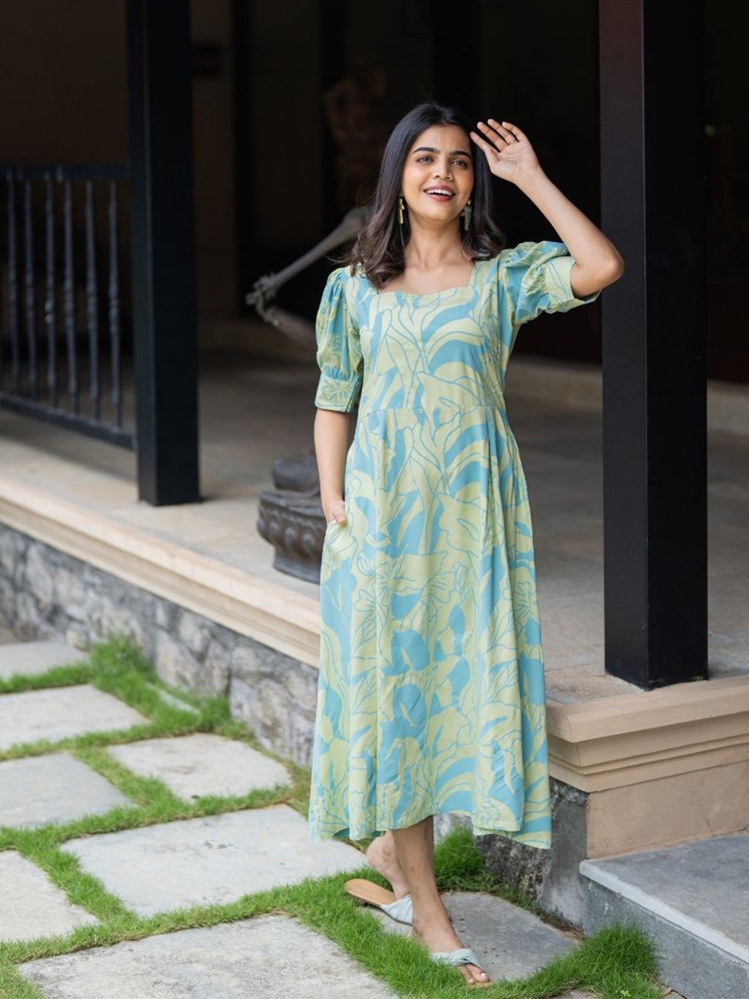 

HAY Printed Liva Fit and Flare Dress, Green