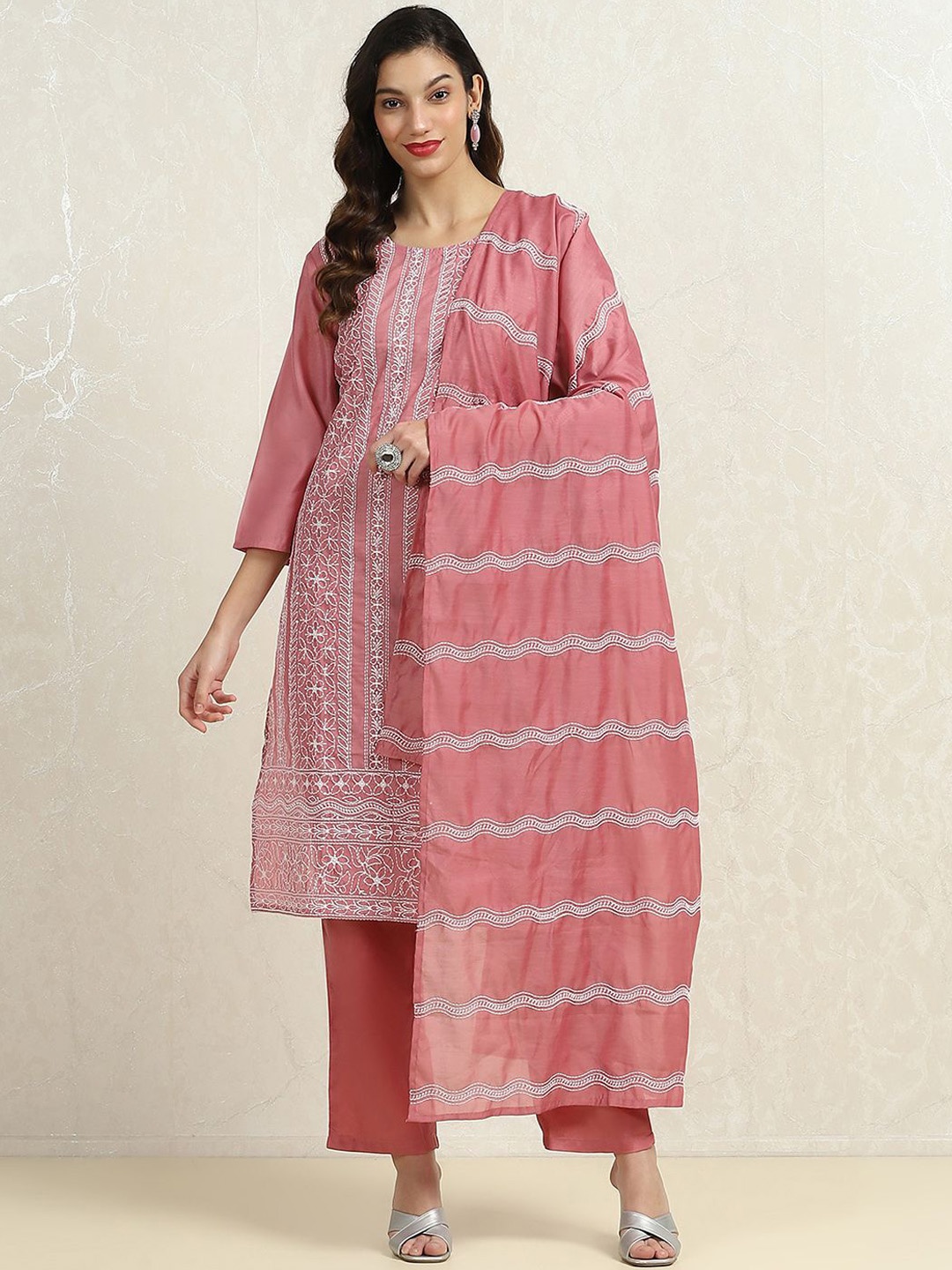 

Biba Floral Embroidered Sequinned Unstitched Dress Material, Pink