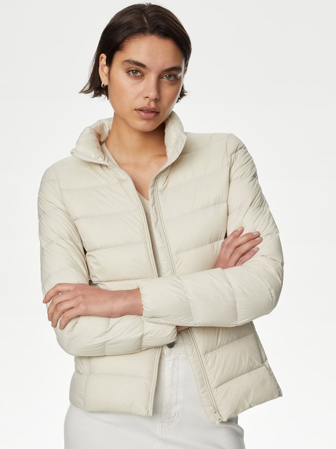 

Marks & Spencer Women Mock Collar Solid Casual Puffer Jacket, Off white