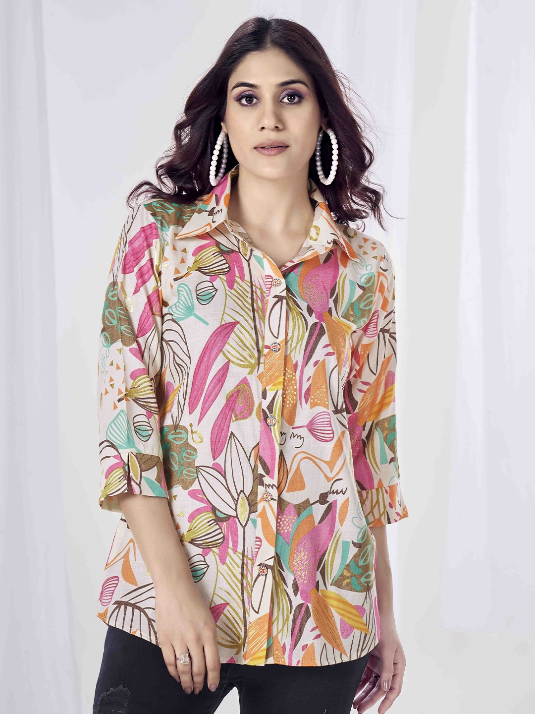 

SHOPGARB Women Relaxed Spread Collar Abstract Printed Casual Shirt, Peach