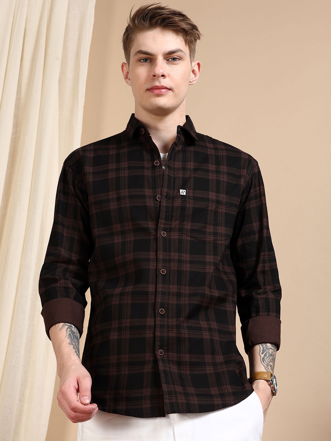 

ALLWIN PAUL Men Classic Spread Collar Tartan Checked Cotton Casual Shirt, Brown