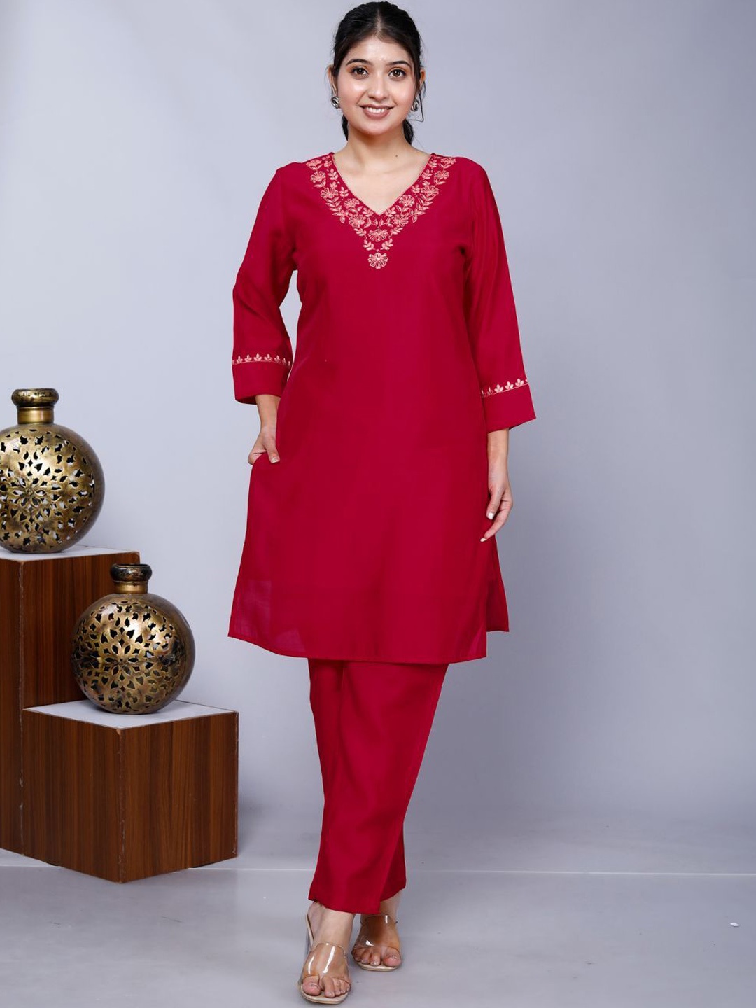 

Kaftanize Floral Embroidered V-Neck Three-quarter Sleeves Top With Trouser, Red