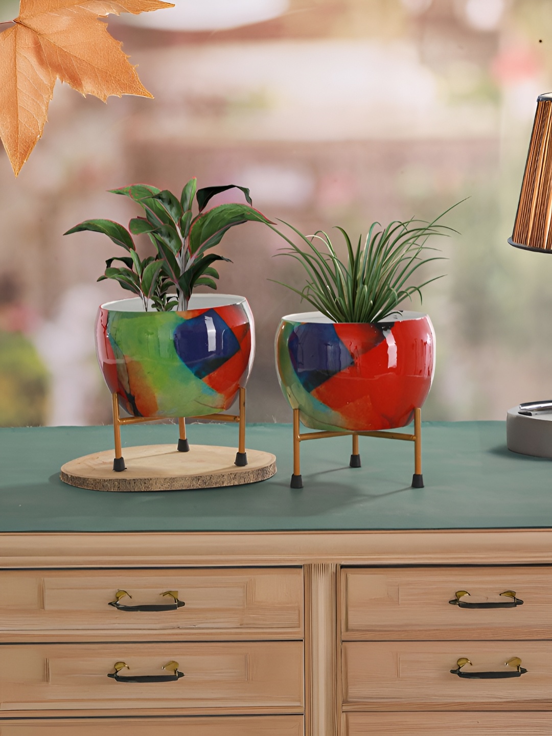 

Homspurts Blue & Green 4 Pieces Printed Planters With Stands