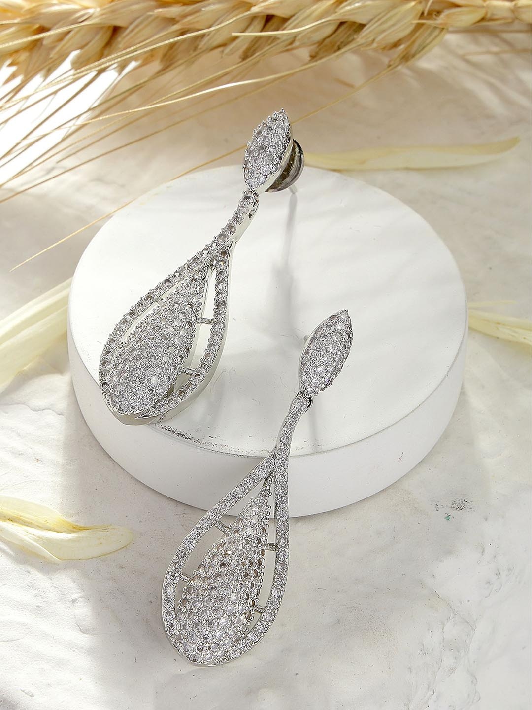 

KARATCART Silver-Plated Teardrop Shaped American Diamond Drop Earrings