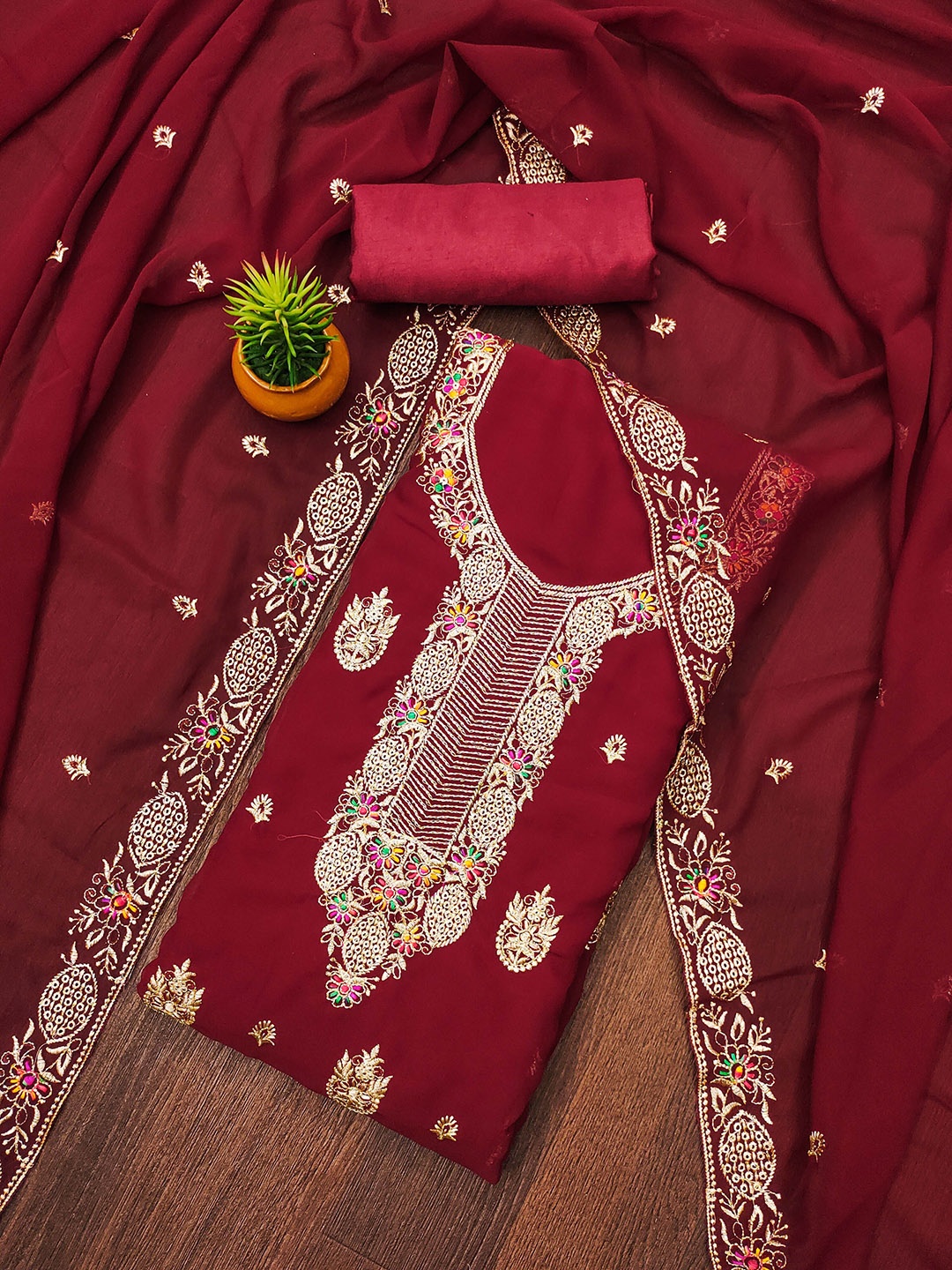 

MANVAA Floral Embellished Unstitched Dress Material, Maroon