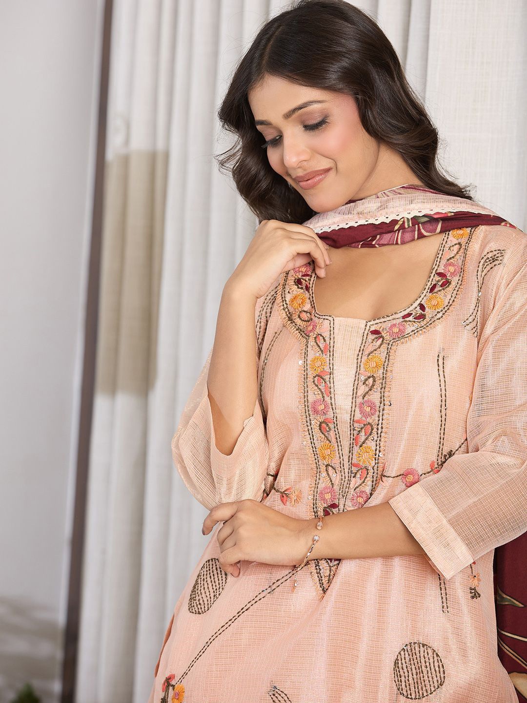 

Indo Era Floral Embroidered Thread Work Pure Cotton Kurta With Trousers & Dupatta, Peach