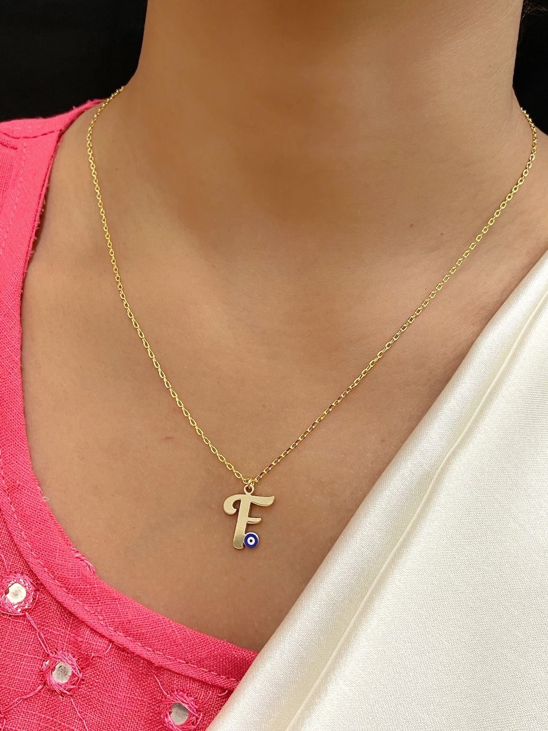 

Digital Dress Room Gold-Plated Letter 'F' Evil Eye Pendant Chain