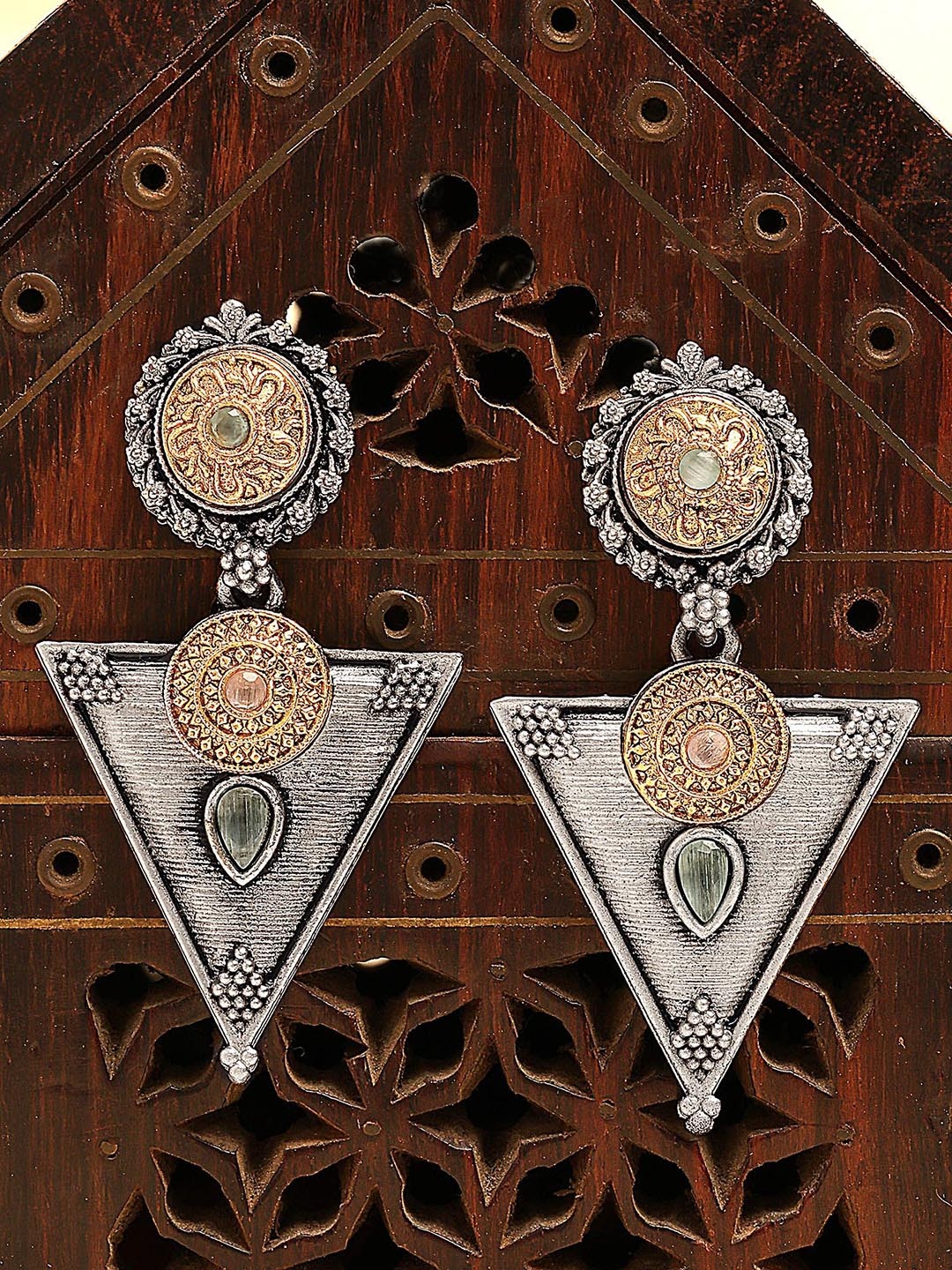 

KARATCART Silver Plated Stone Studded Tribal Oxidised Drop Earrings, Gold