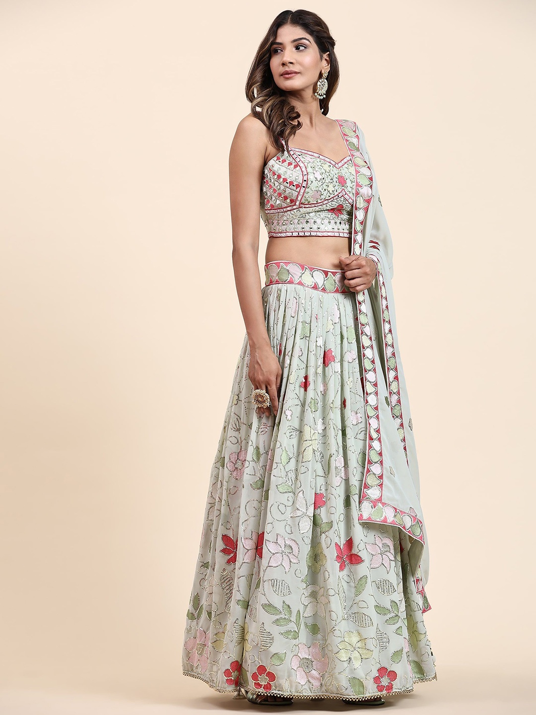 

VANAKARA Embellished Ready to Wear Lehenga & Blouse With Dupatta, Olive