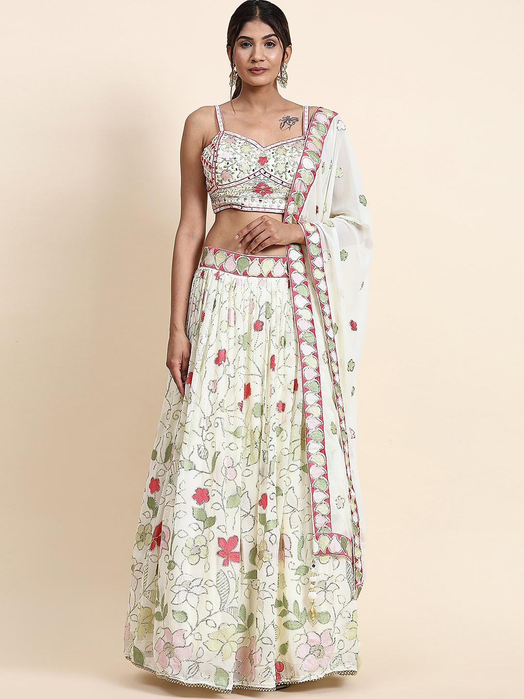 

VANAKARA Embroidered Sequinned Ready to Wear Lehenga & Blouse With Dupatta, Cream