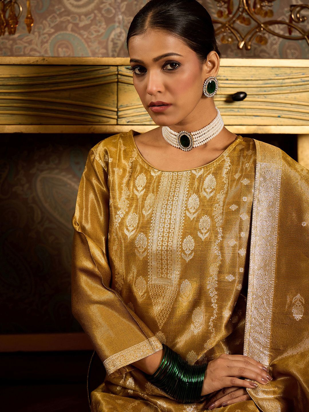 

Indo Era Ethnic Motifs Woven Design Zari Straight Kurta With Trousers & Dupatta, Mustard