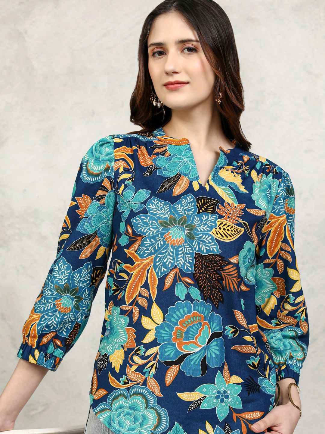 

Vishudh Women Floral Printed Mandarin Collar Bishop Sleeves Cotton Top, Navy blue