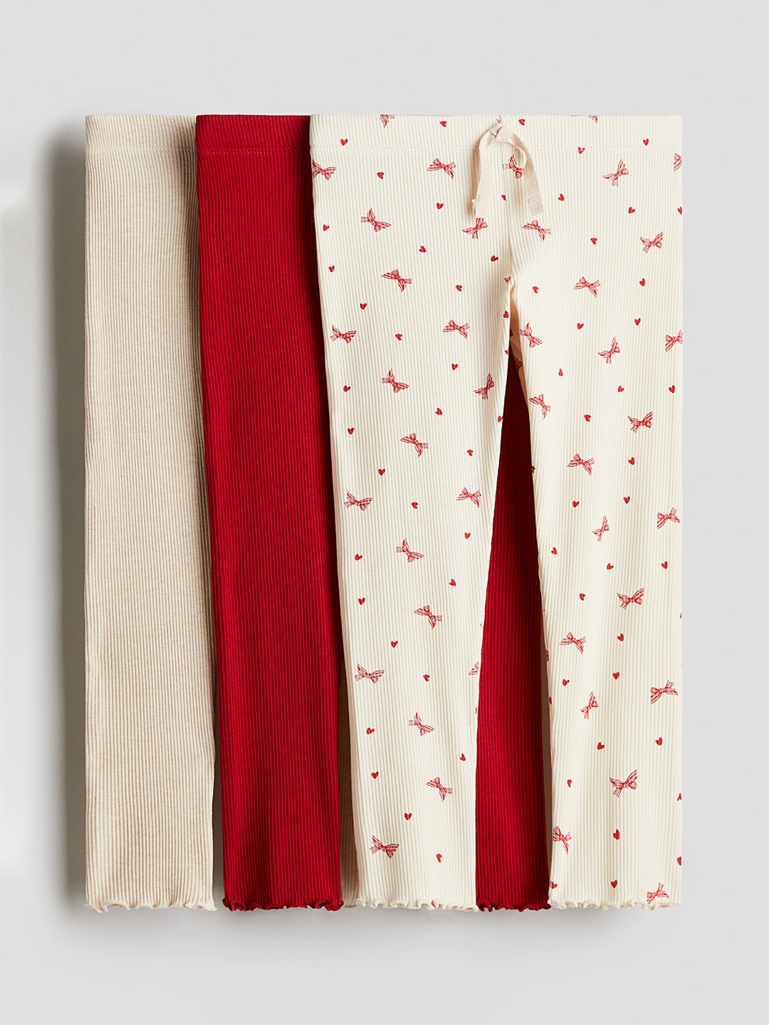 

H&M Girls Pack Of 3 Ribbed Cotton Leggings, Red
