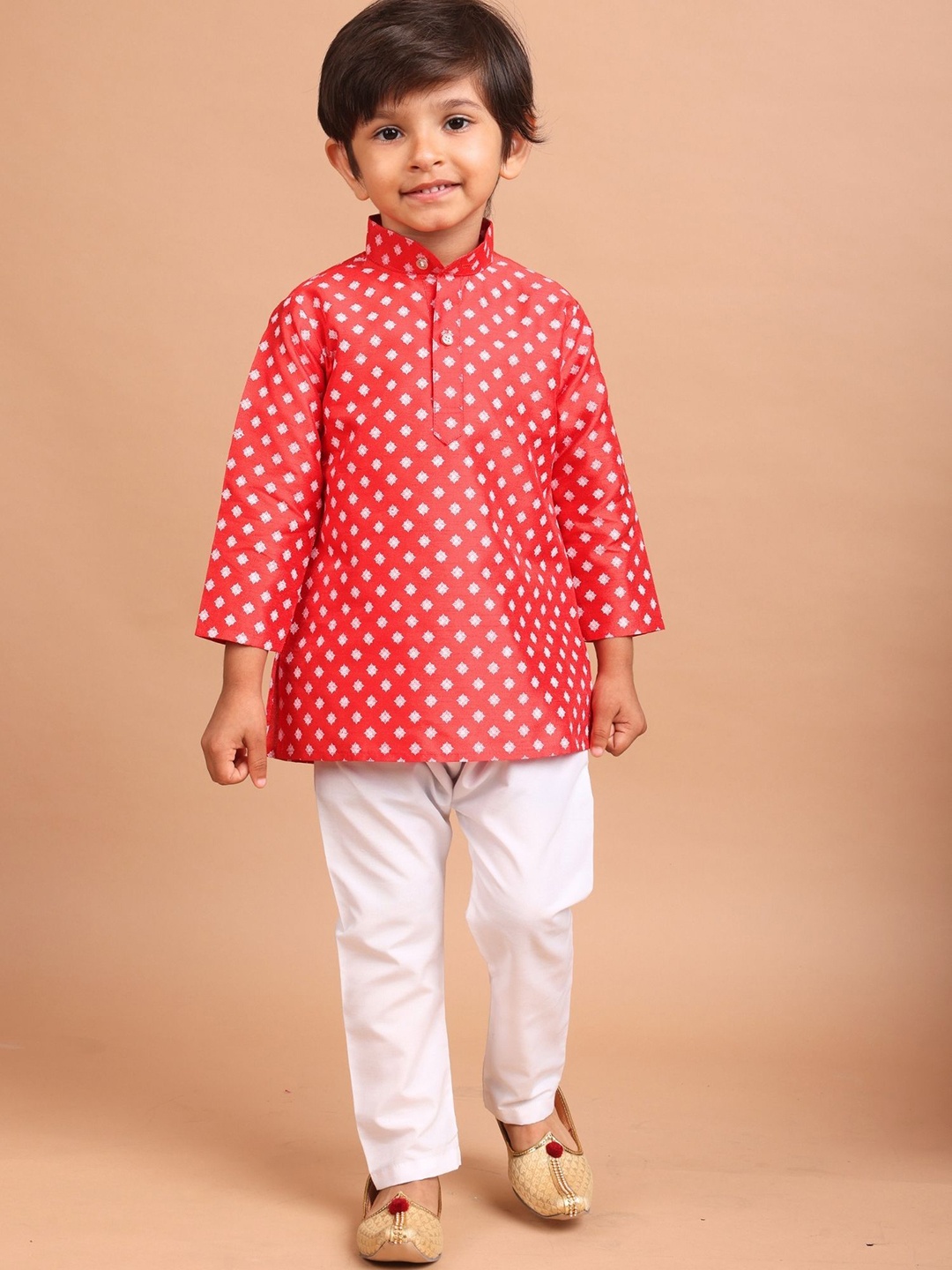 

SHIWAM ETHNIX Boys Geometric Printed Regular Straight Silk Kurta, Red