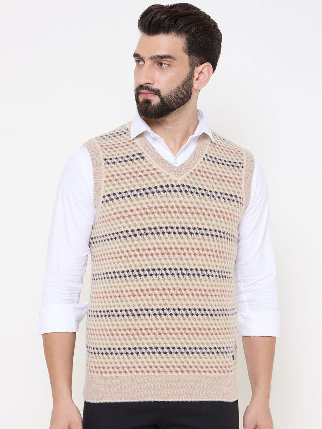 

Duke Men Self Design Sleeveless Vest Sweater, Beige