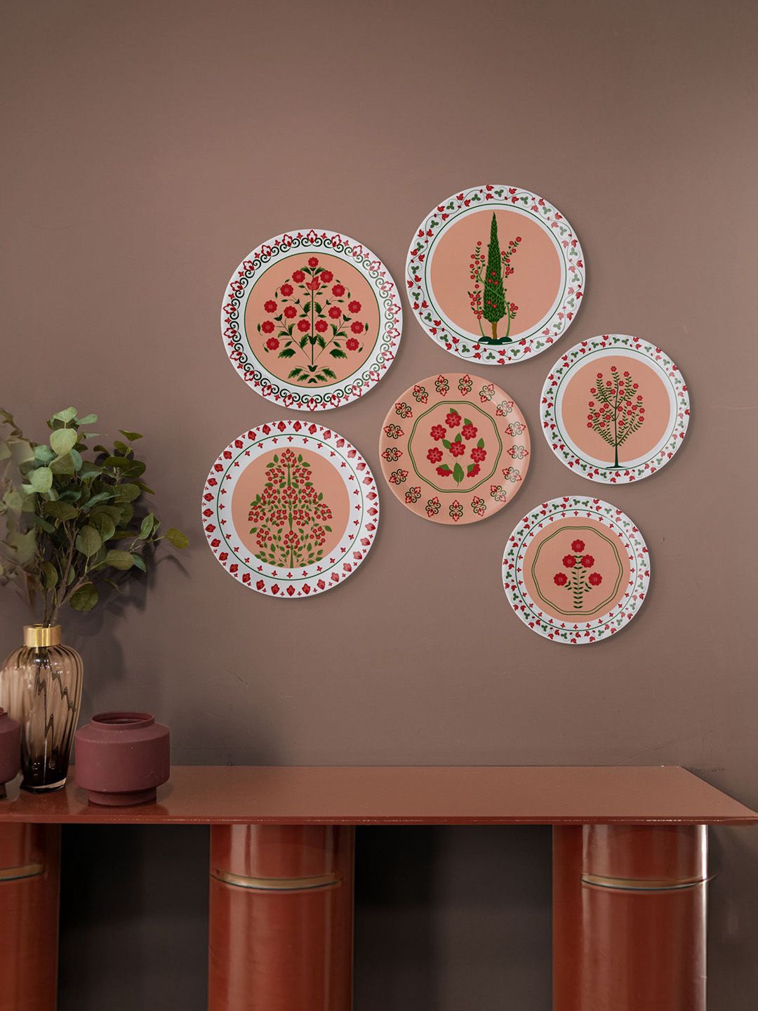 

nestroots Orange Colored & White 6 Pcs Mughal Garden-Inspired Printed Metal Wall Plate