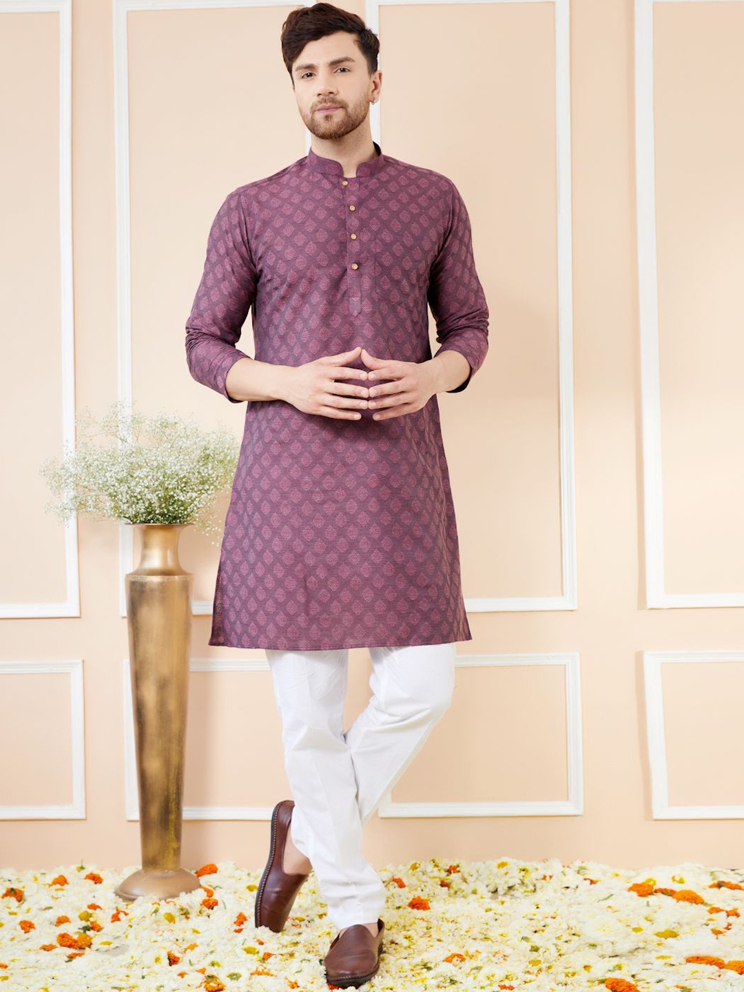 

See Designs Ethnic Motifs Woven Design Mandarin Collar Silk Jacquard Straight Kurta, Purple