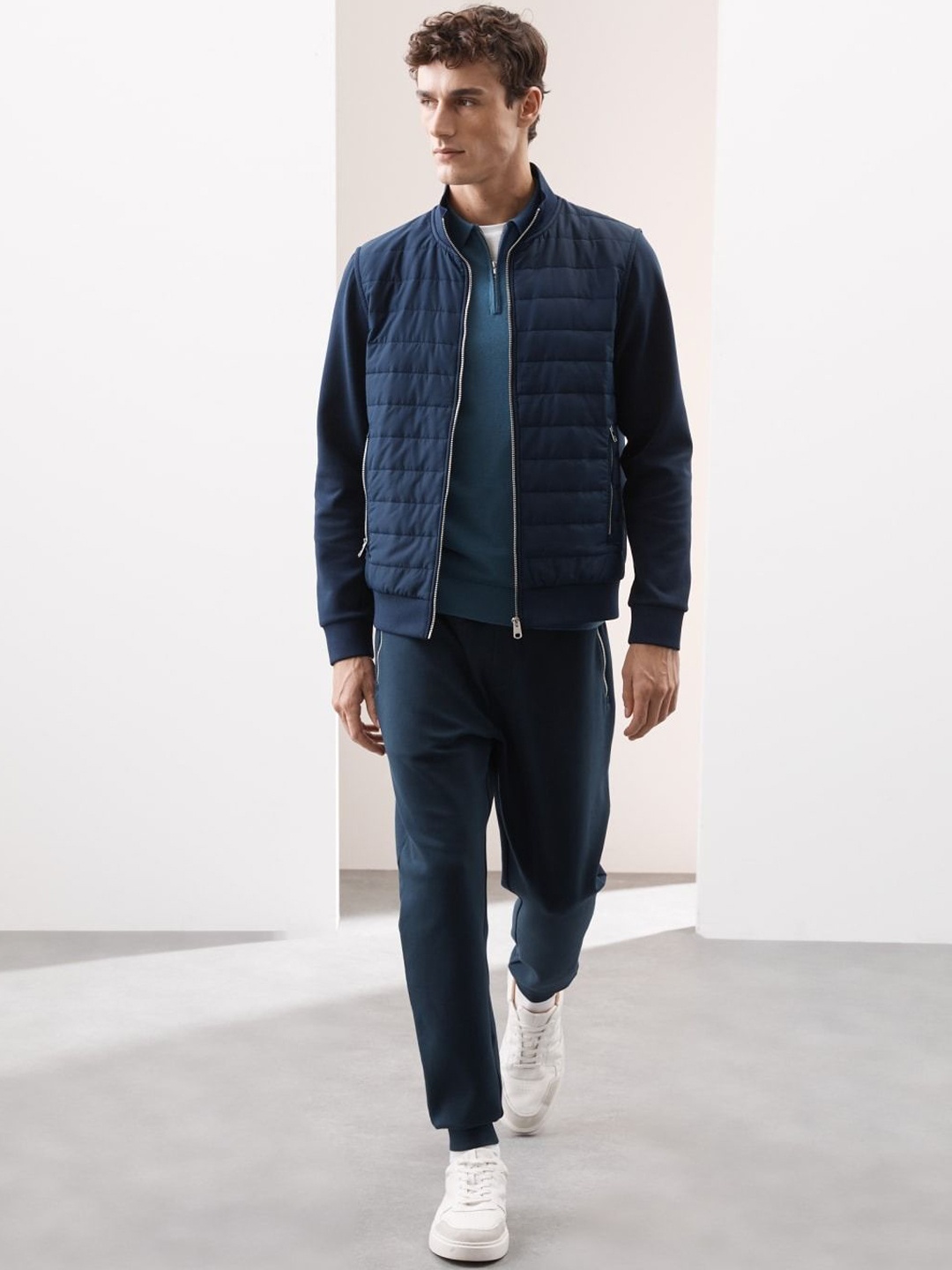 

Marks & Spencer Men Mock Collar Solid Cotton Casual Bomber Jacket, Navy blue