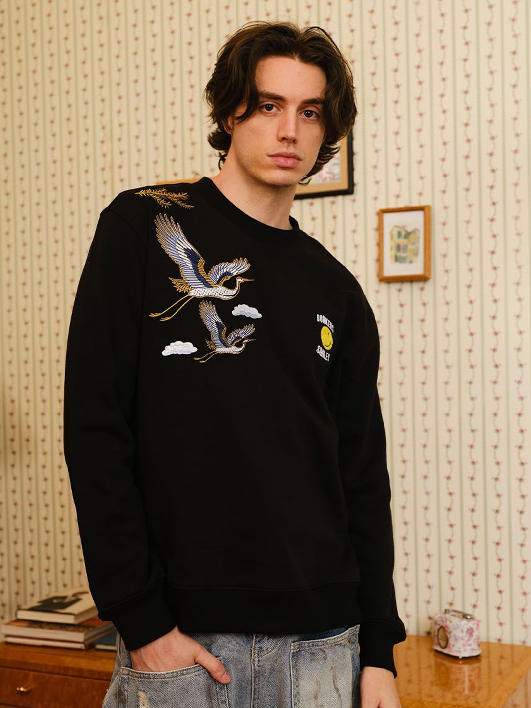 

Bonkers Corner Men Embroidered Smiley Sweatshirt, Black