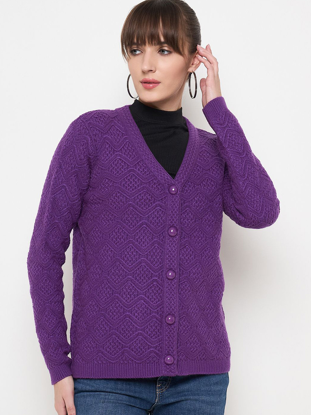 

Madame Women V-Neck Self Design Cardigan Sweater, Purple