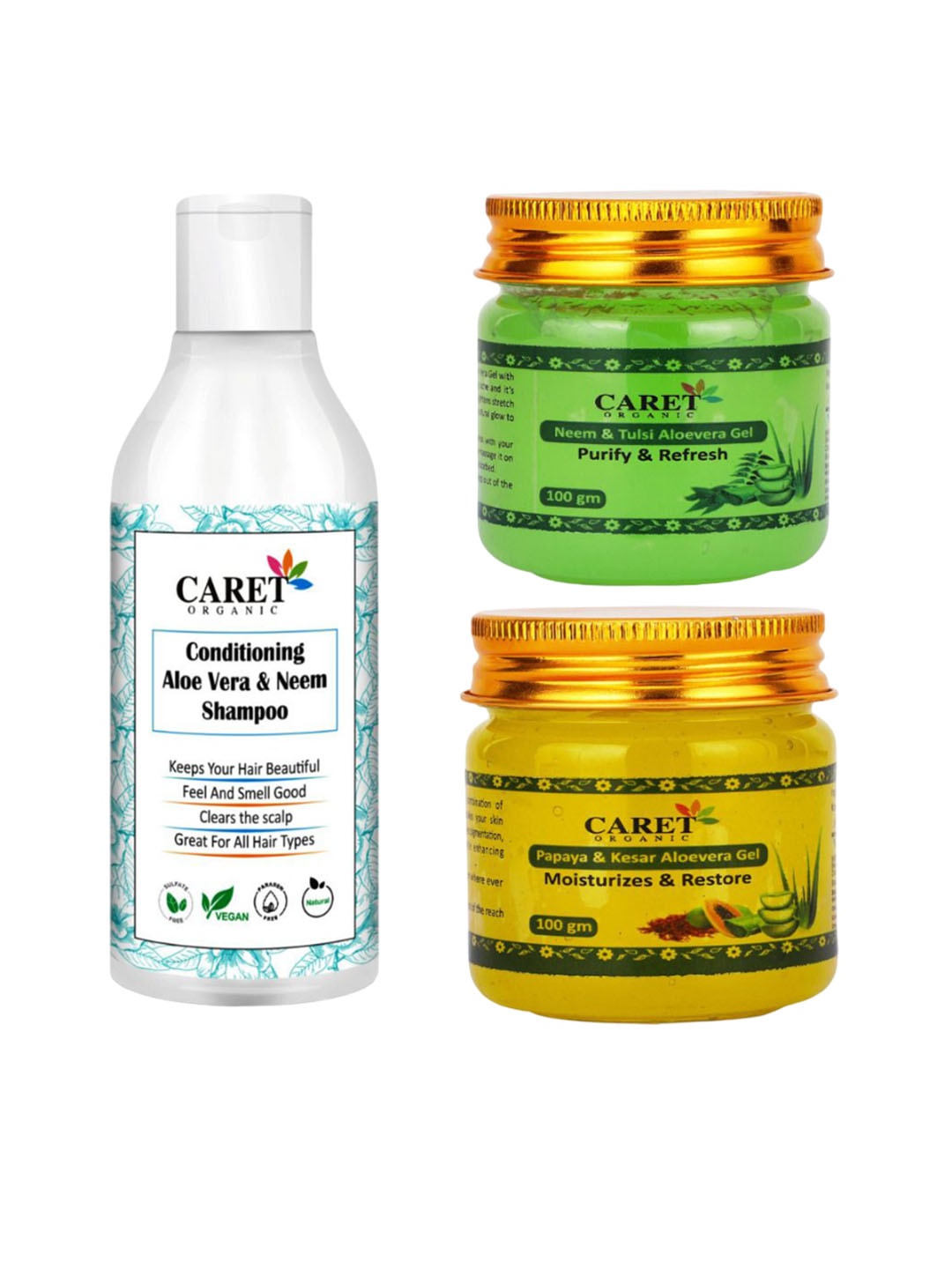 

CARET ORGANIC Set Of 3 Aloevera & Neem Shampoo - 300 ml & Gel - 100g each, White