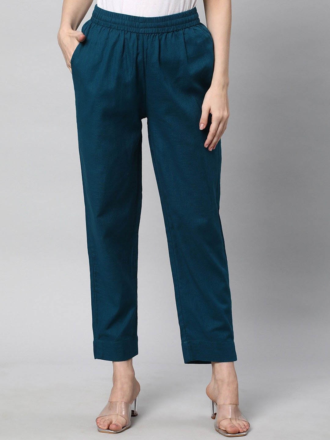 

IndianRang Women Mid-Rise Cropped Relaxed Straight Leg Trousers, Teal