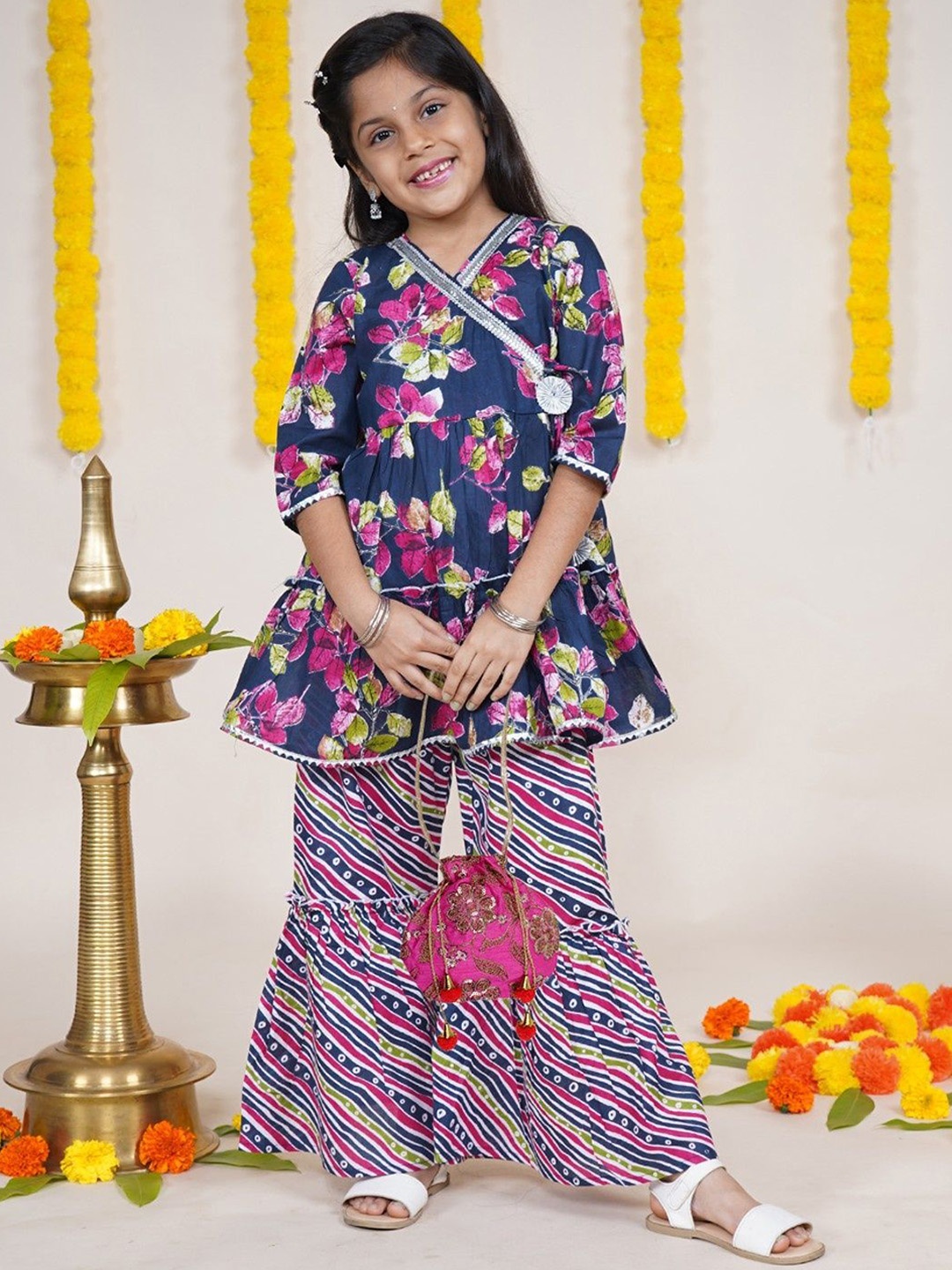 

KiddoPanti Girls Floral Printed Pure Cotton A Line Kurta with Sharara, Blue