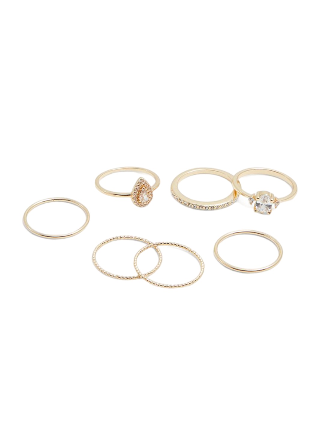 

ALDO Set Of 7 Brass Plated Stone Studded finger Rings, Gold