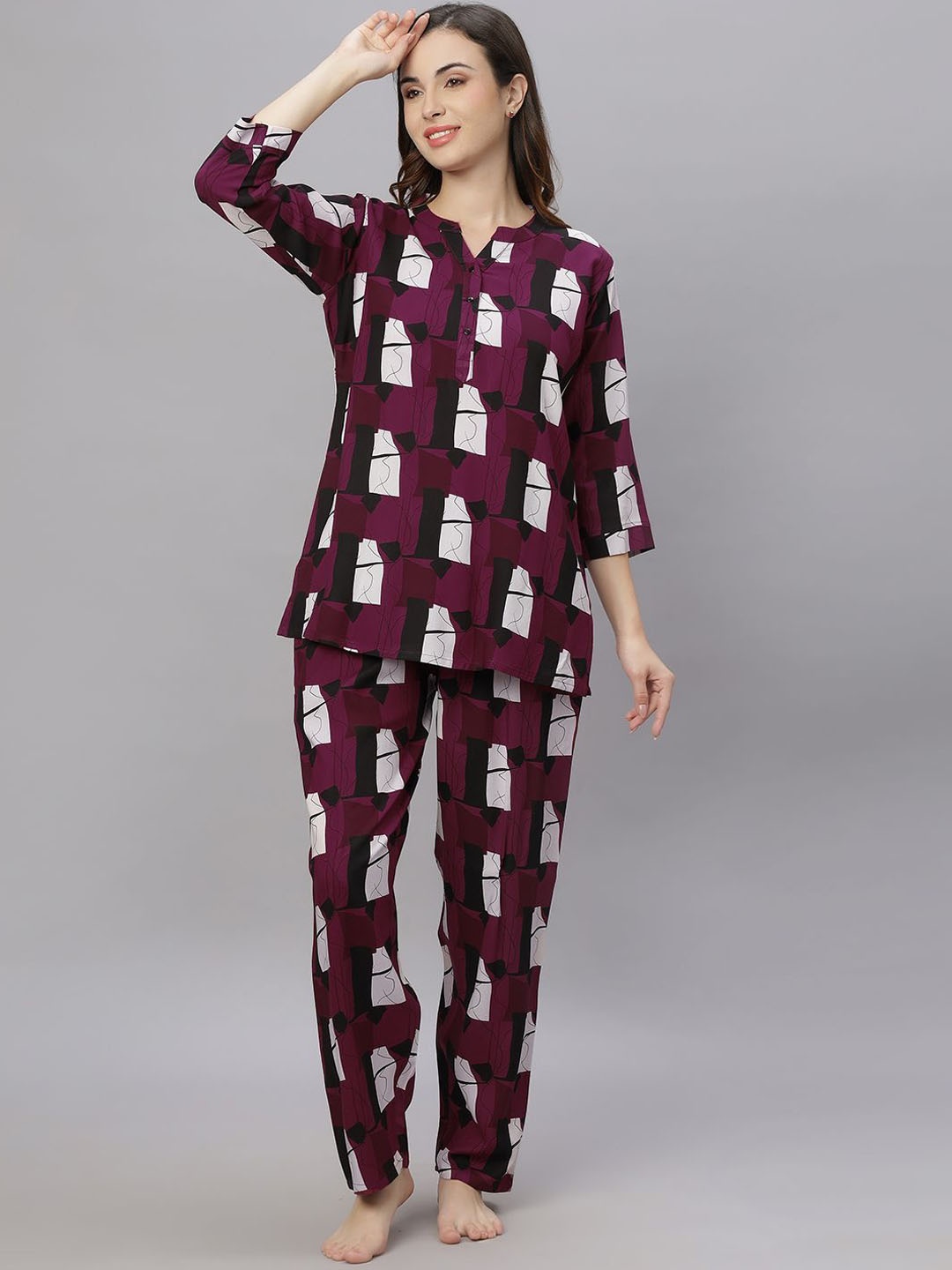 

QUIRA Women Mandarin Collar Three-Quarter Sleeves Printed Night suit, Violet