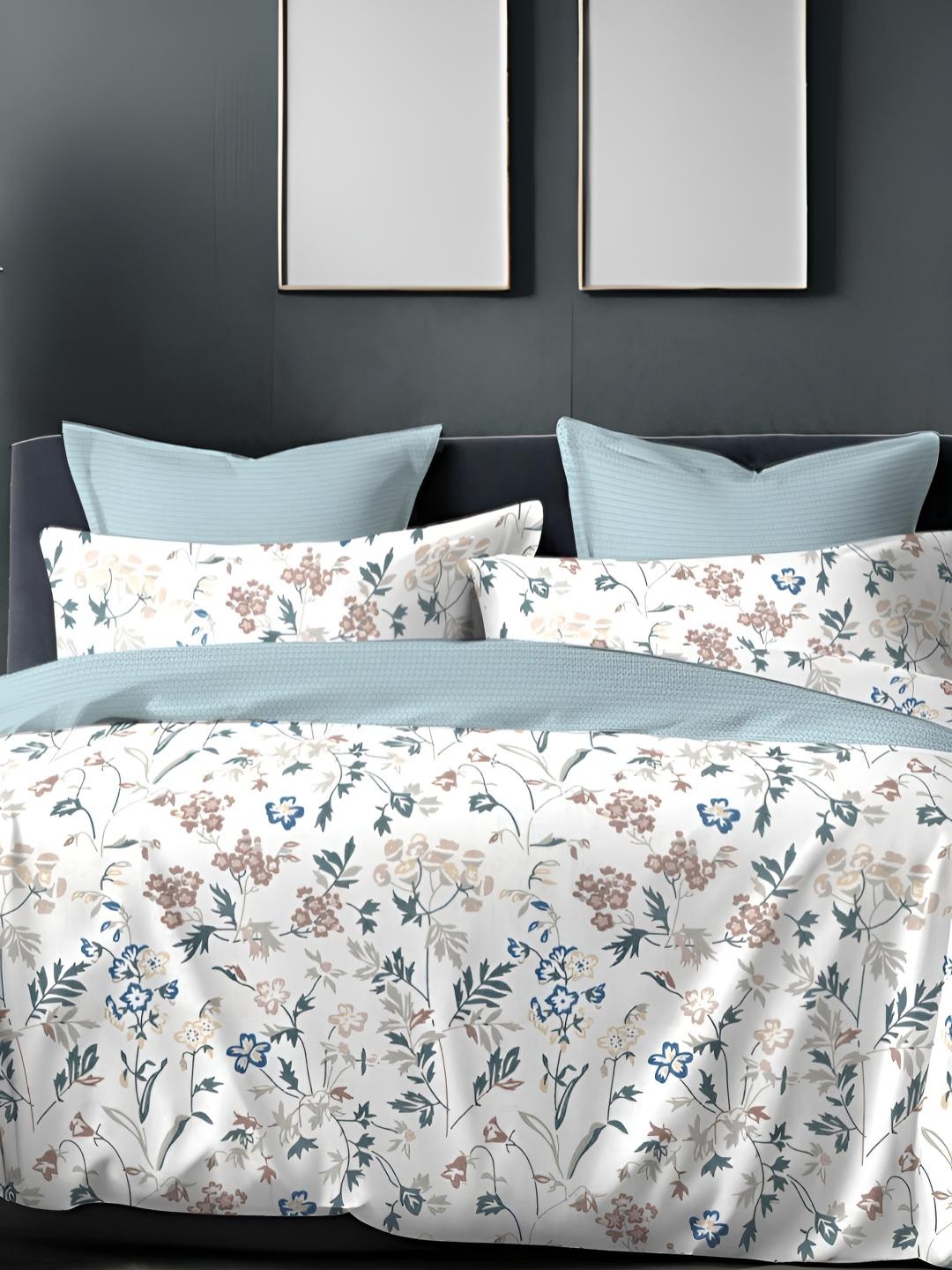 

Sleeping Owls- because your sleep matters White & Blue Floral 186 TC Queen Bedsheet with 2 Pillow Covers