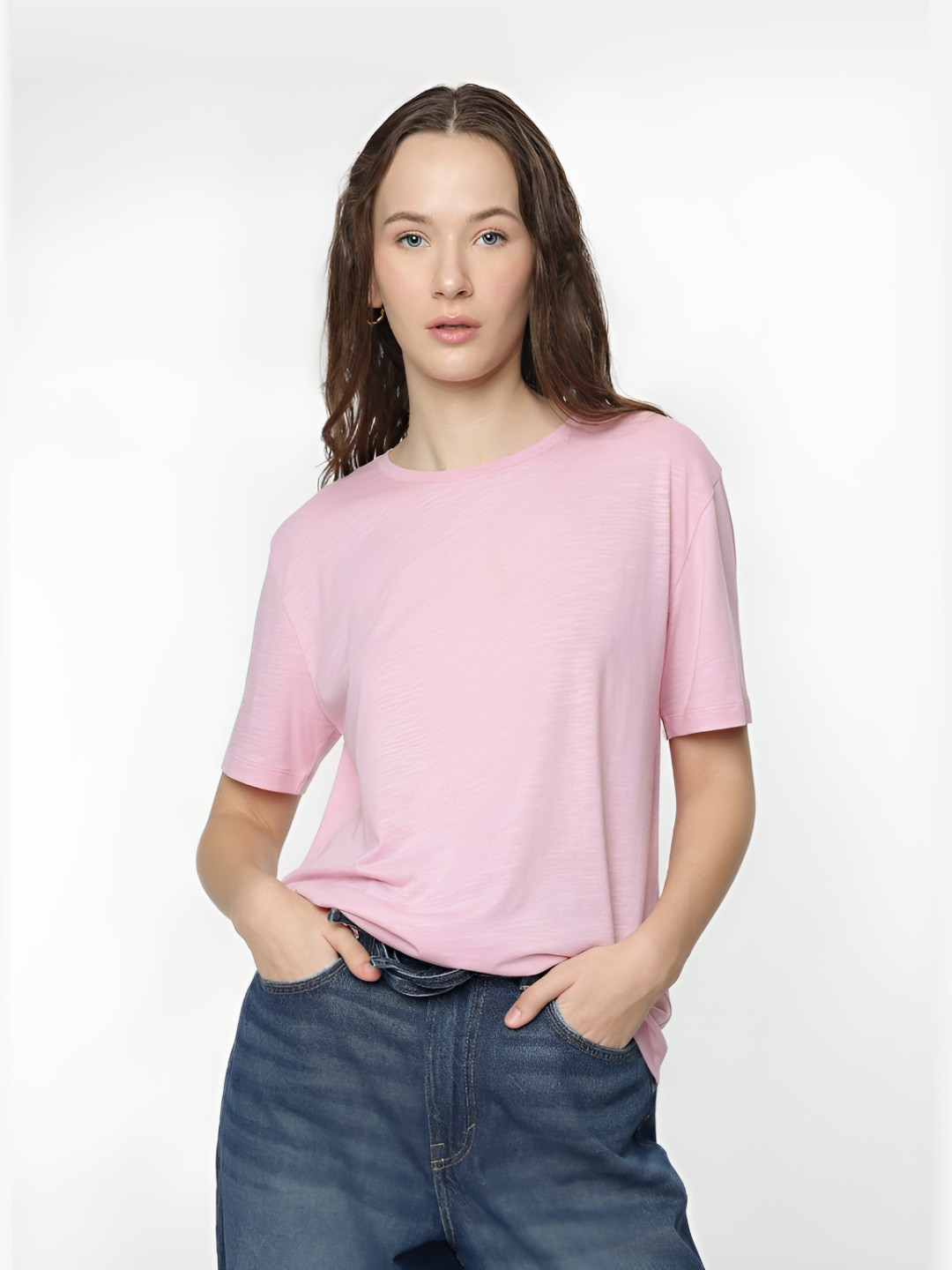 

Marks & Spencer Women Solid Round Neck Cotton T-shirt, Pink