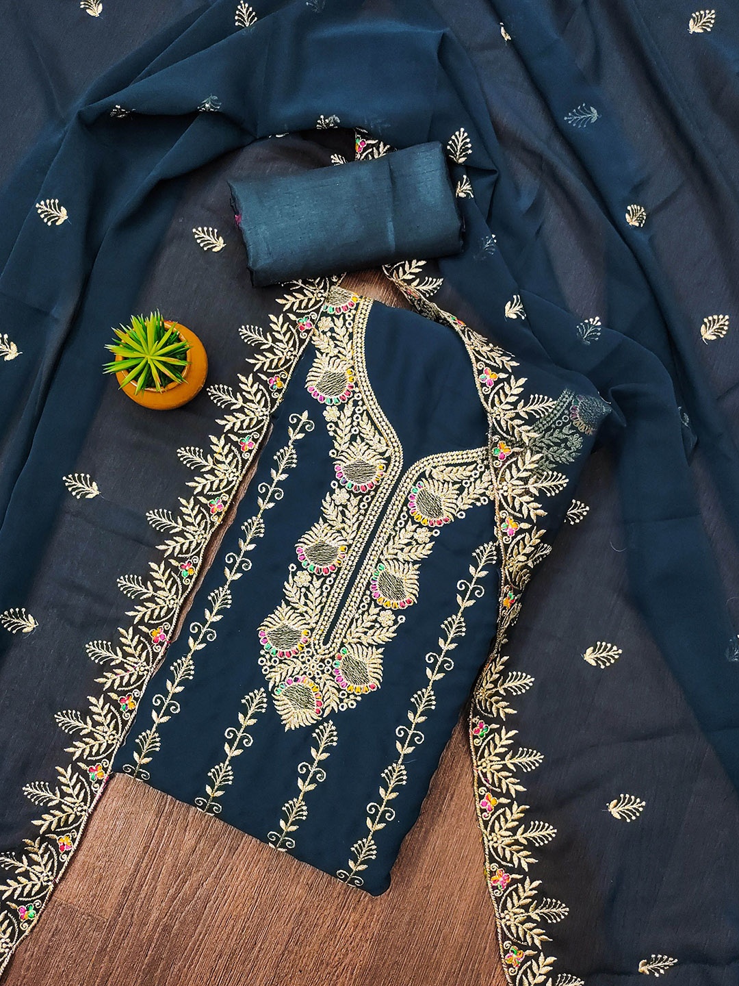 

MANVAA Ethnic Motifs Embellished Unstitched Dress Material, Teal