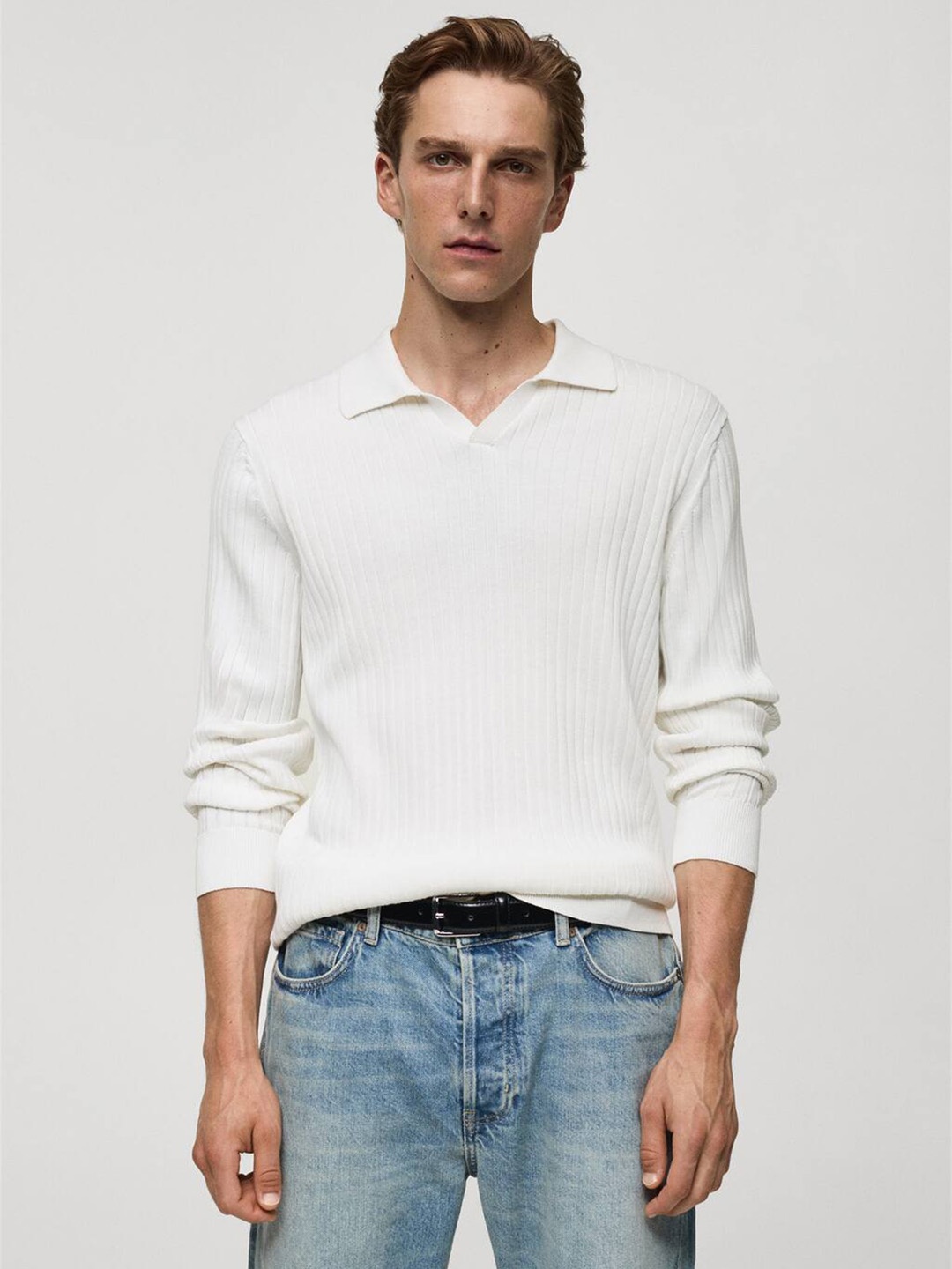 

MANGO MAN Pure Cotton Ribbed Pullover, White