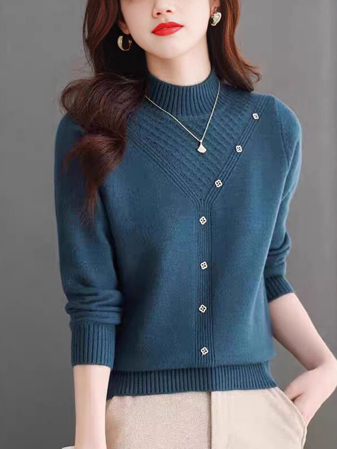 

StyleCast Women Self Design Choker Neck Winter Top, Navy blue