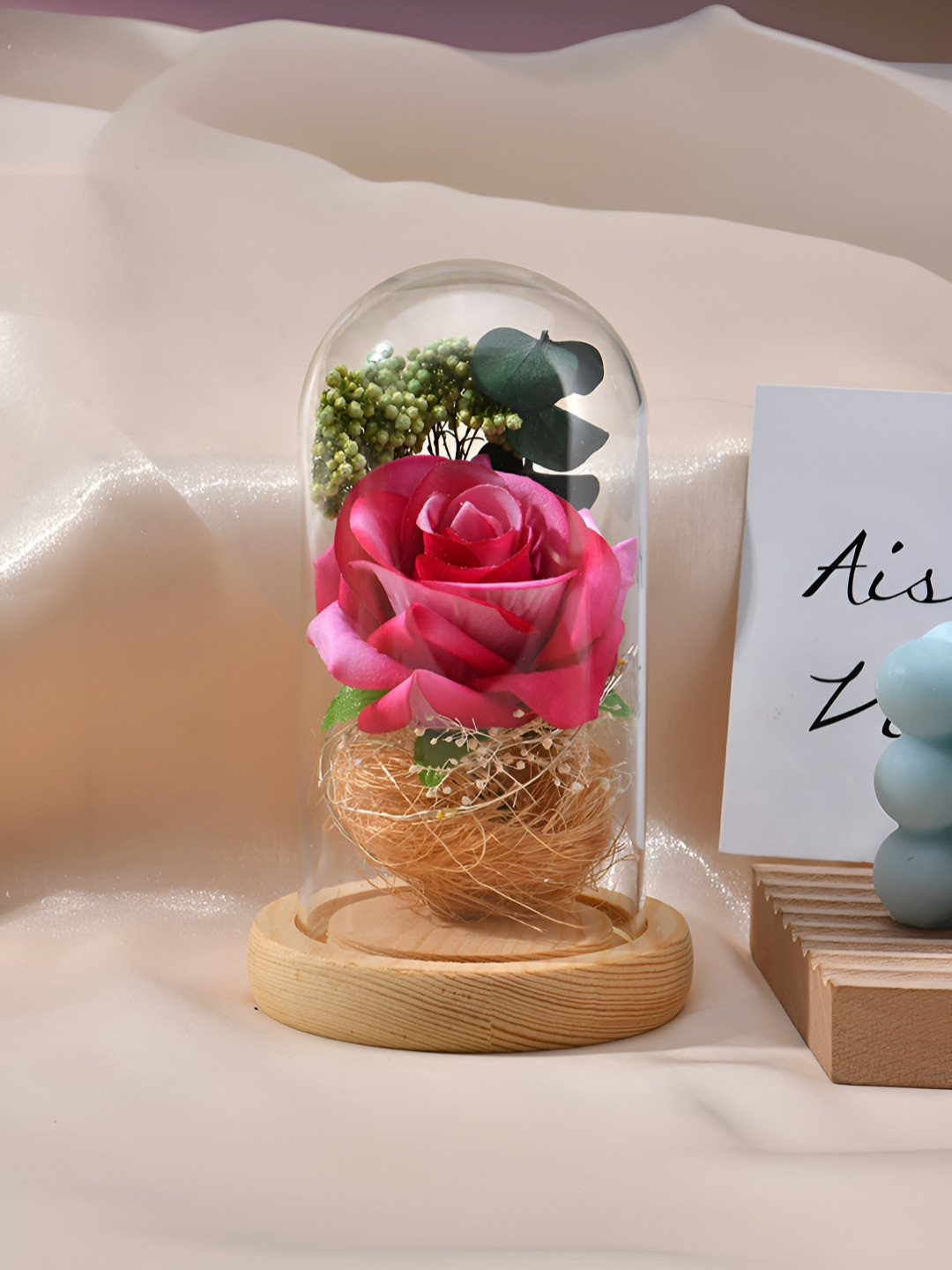 

Gleevers Rose & Transparent Enchanted With LED Lights In Glass Dome Show Piece
