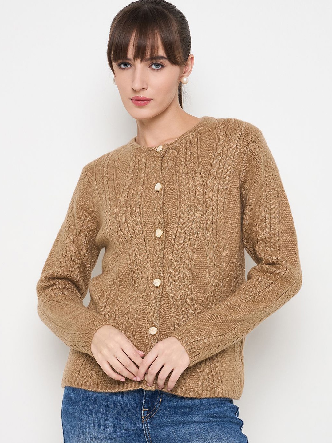 

Madame Women Cable Knit Self Design Long Sleeves Cardigan Sweaters, Camel brown