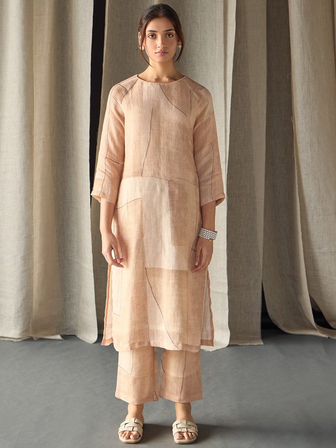 

Bombay Bloom Abstract Printed Regular Pure Hemp Straight Kurta with Palazzos, Peach
