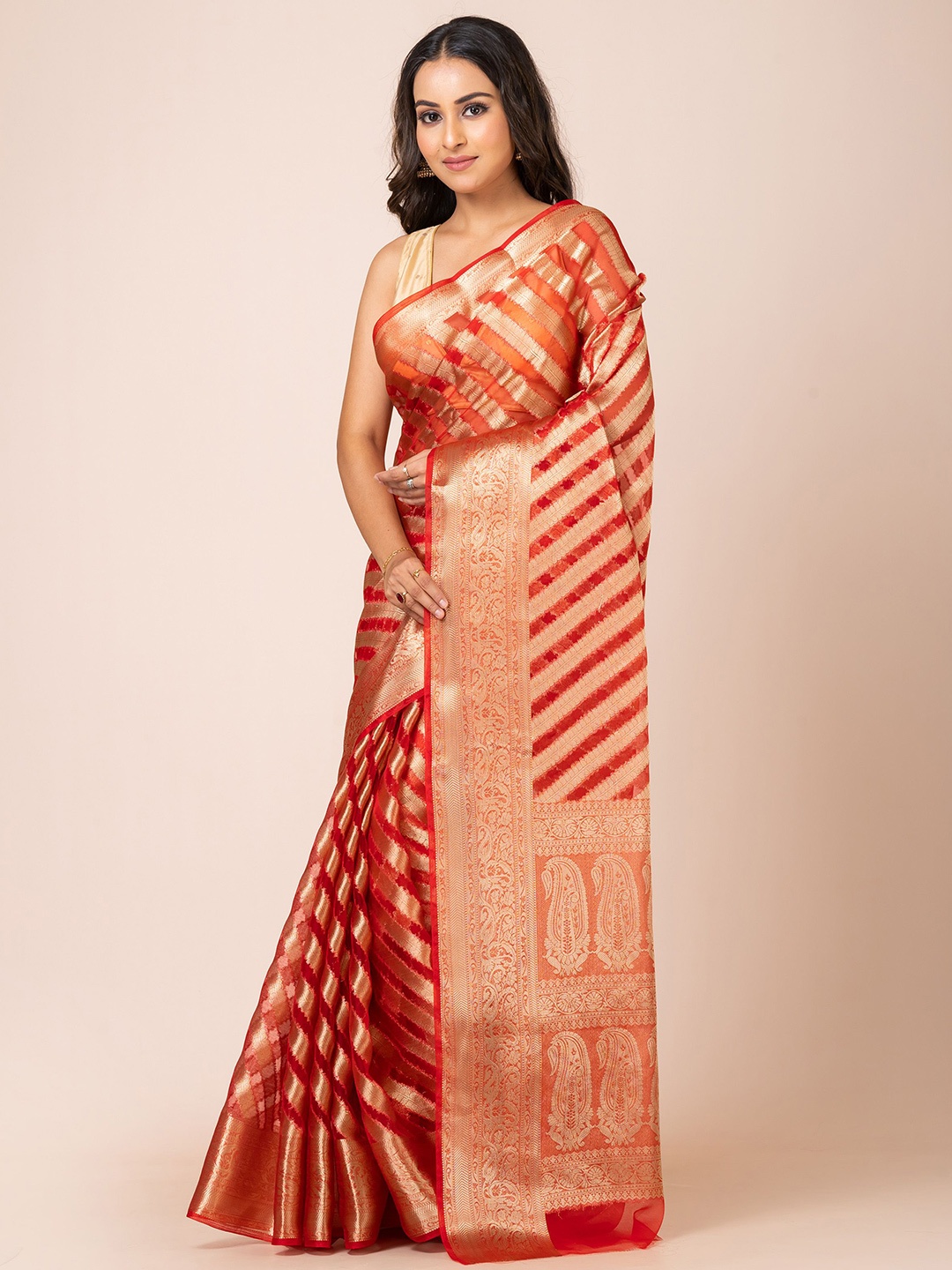 

KAVVYA Woven Design Striped Zari Banarasi Saree, Red