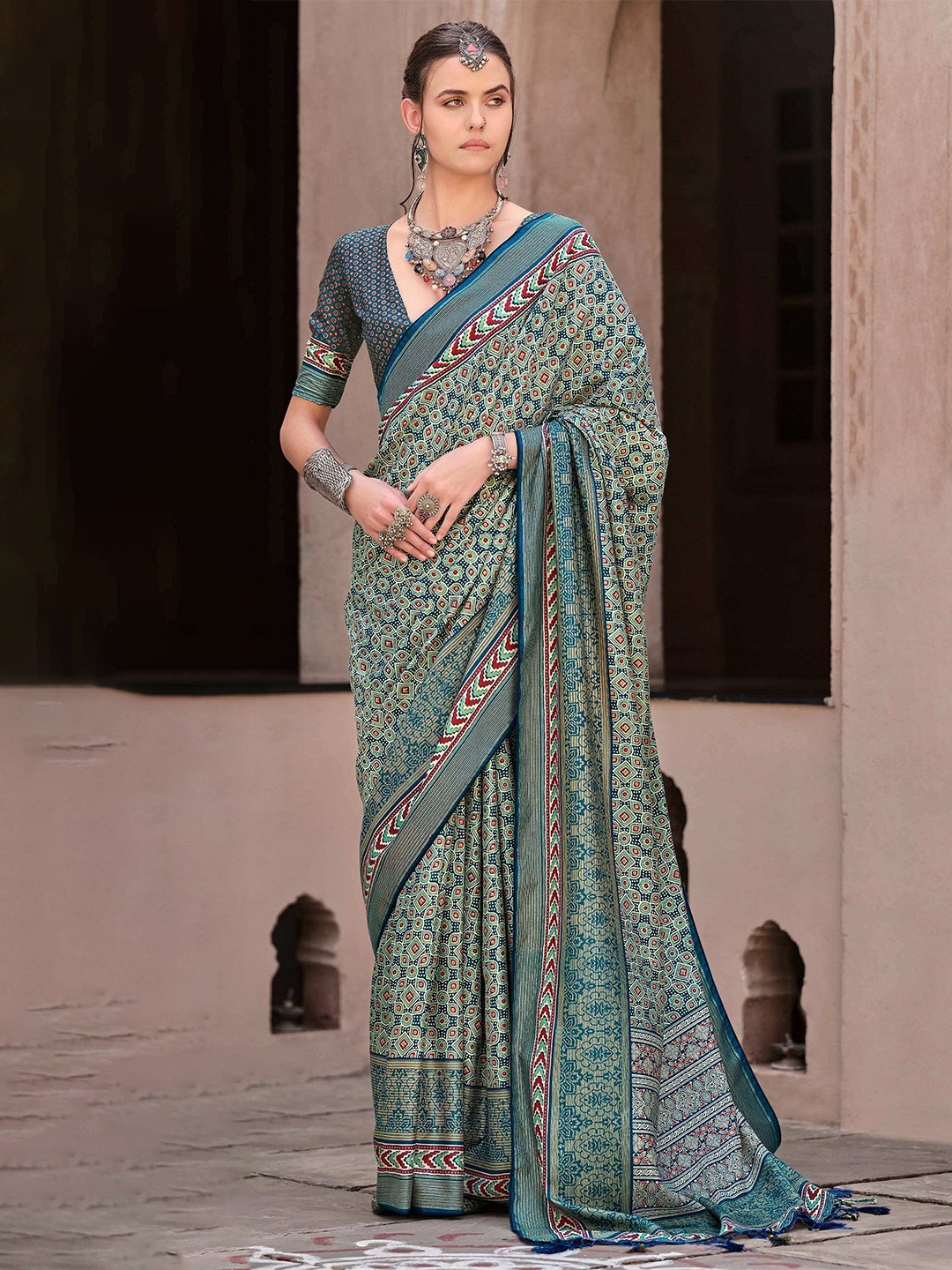 

MAHALASA Ethnic Motifs Printed Designer Patola Saree, Blue