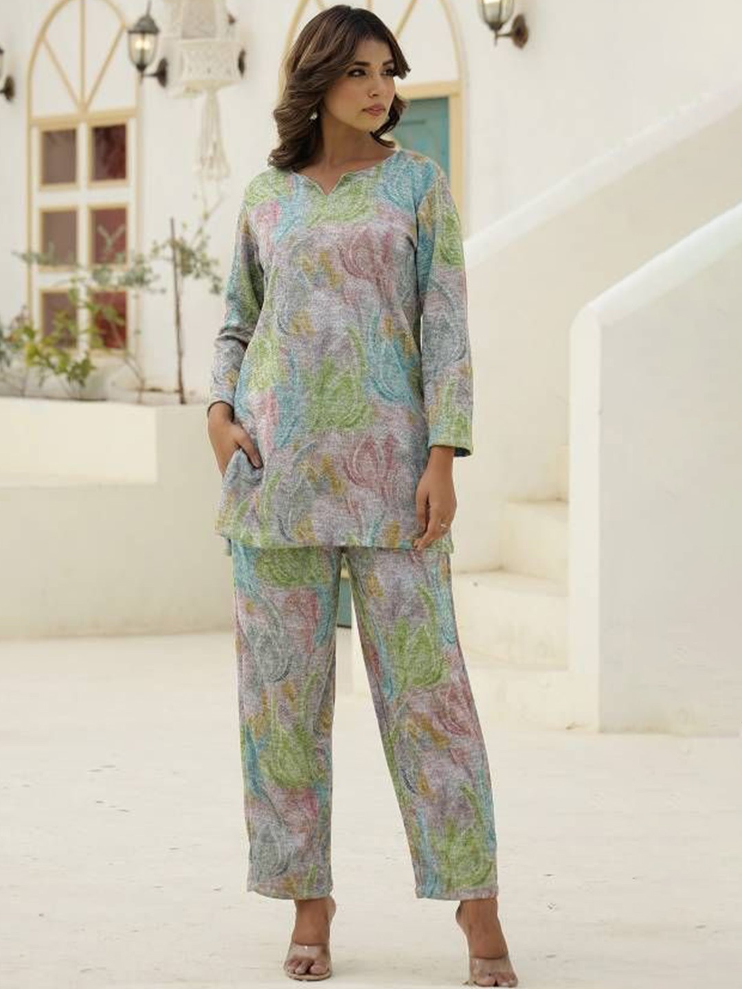 

FLAVIA CREATION Printed Woolen Long Sleeve Tunic & Trouser, Grey