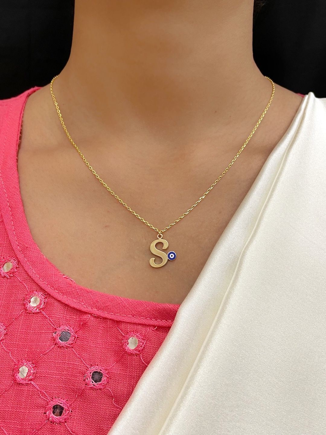 

Digital Dress Room Gold-Plated Letter 'S' Evil Eye Pendant Chain
