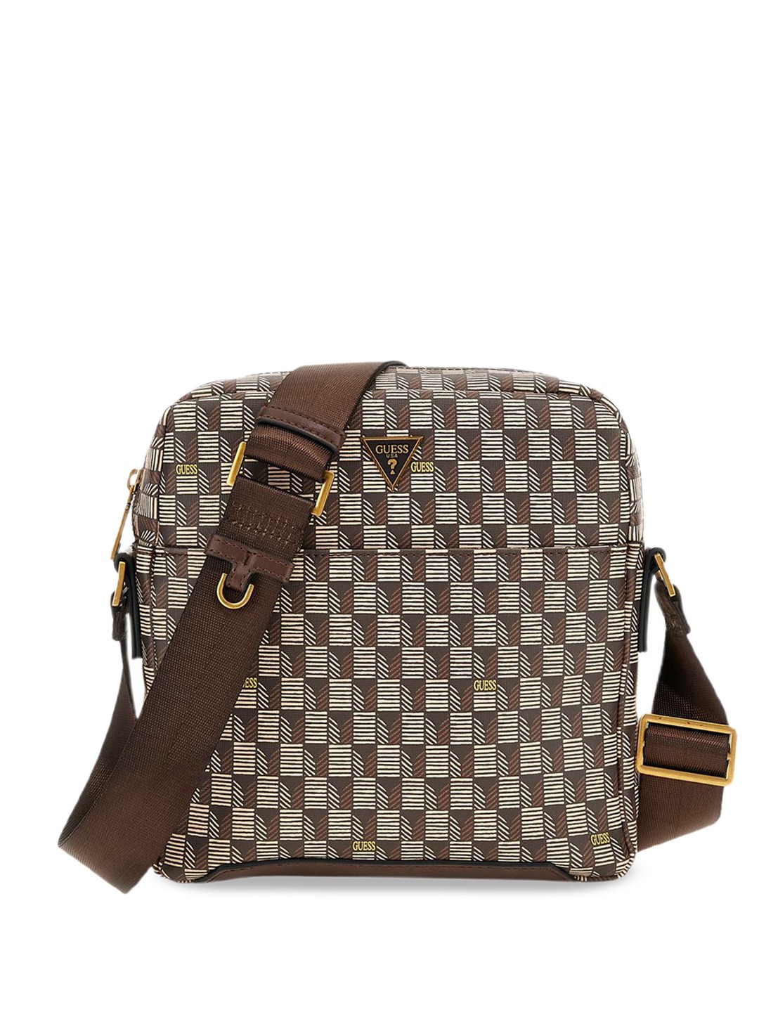 

GUESS Men Geometric Printed PU Structured Sling Bag, Brown