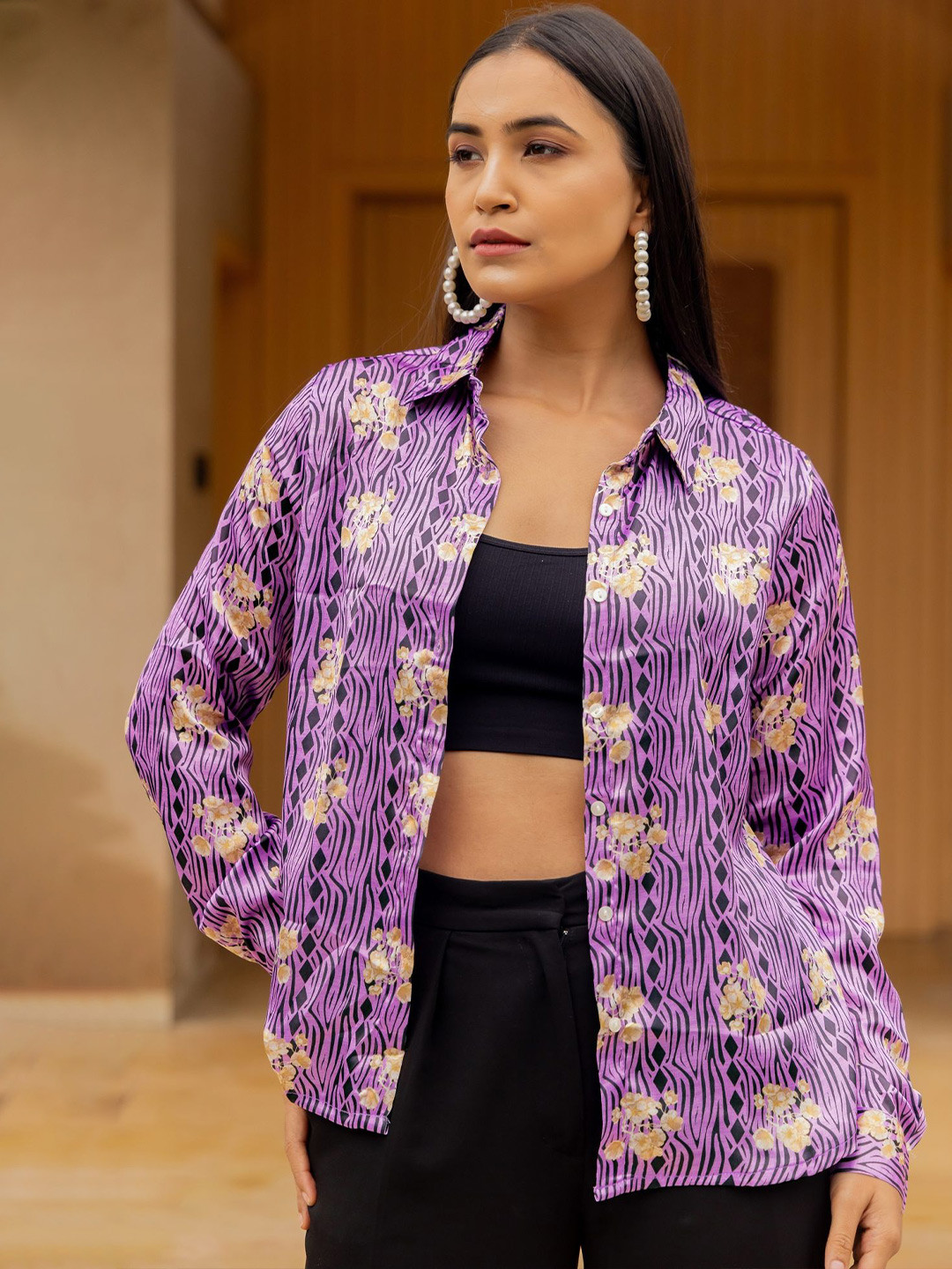 

KALINI Women Spread Collar Floral Printed Satin Casual Shirt, Purple