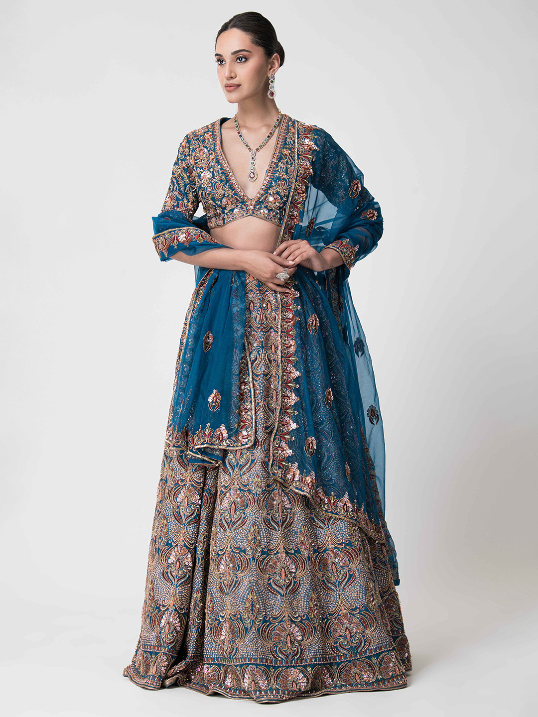 

The Front Row Embellished Sequinned Ready to Wear Lehenga & Blouse With Dupatta, Blue