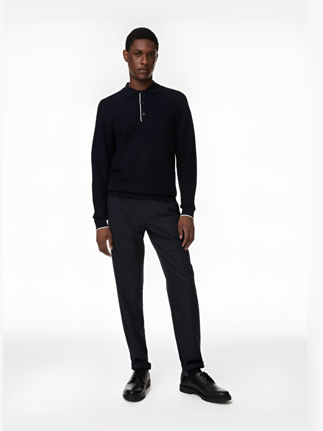 

Marks & Spencer Men Self Design Polo Collar Cotton T-shirt, Navy blue
