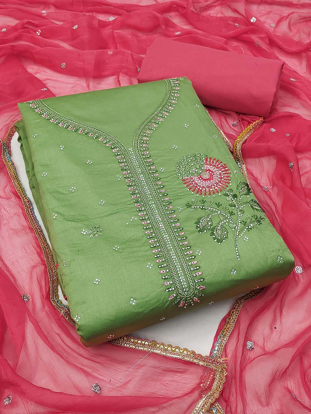 

MANVAA Floral Embellished Beads and Stones Unstitched Dress Material, Lime green