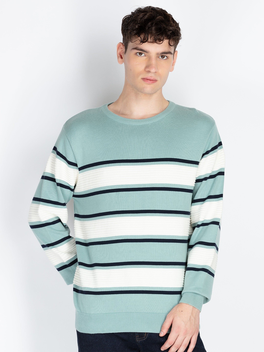 

Status Quo Men Cotton Striped Round Neck Full Sleeves Pullover Sweaters, Sea green