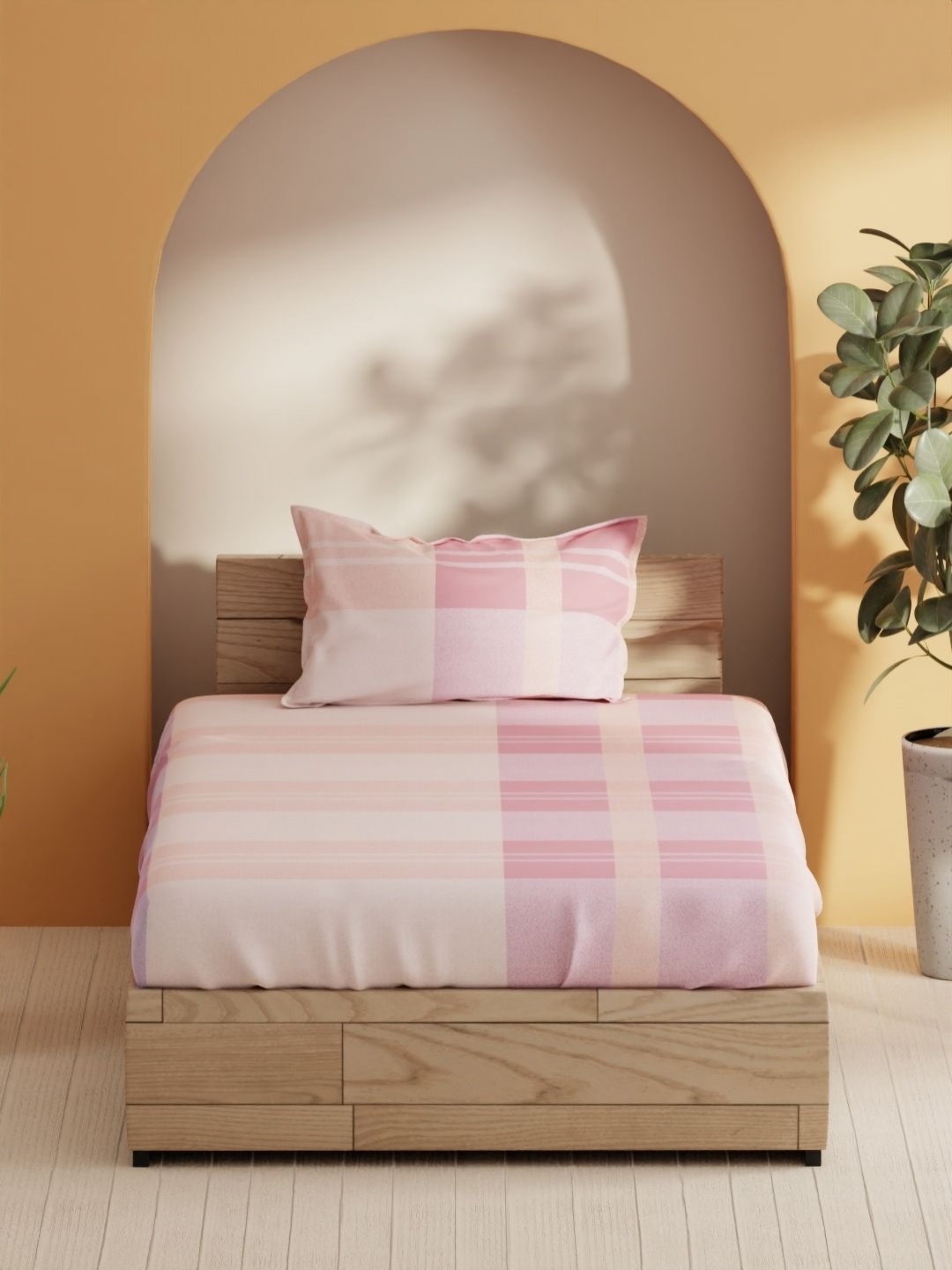 

BIANCA Sienna Pink & White Checked Pure Cotton 144 TC Single Bedsheet Set 2.29 x 1.52 m