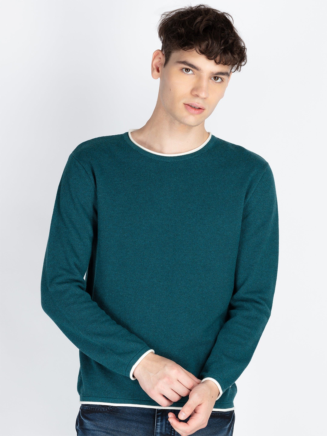 

Status Quo Men Ribbed Cotton Winter Pullover, Teal